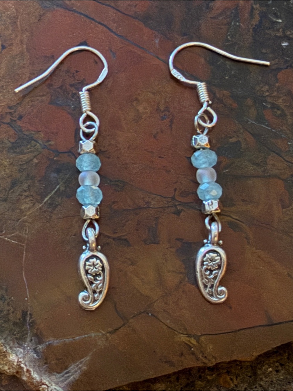 New Petite Pale Blue & Silver Floral Paisley Charm Dangle Earrings